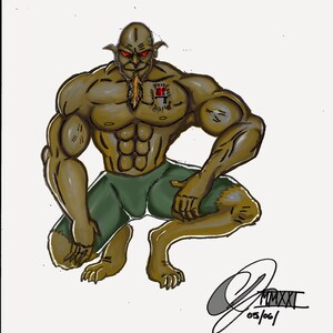 May include: A green and brown muscular humanoid figure with red eyes and a beard, wearing green shorts, is crouched down with its hands on its knees. The figure has a tattoo on its chest that says "MMXXI 05/061".