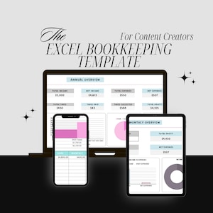 May include: A computer screen displaying a spreadsheet with the title "The Excel Bookkeeping Template for Content Creators". The spreadsheet shows an annual overview of income, expenses, and taxes. A phone and tablet display similar spreadsheets with monthly overviews.