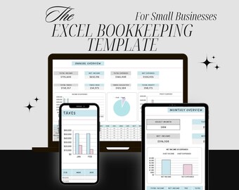 Puede incluir: Una plantilla de contabilidad de Excel para pequeñas empresas, que se muestra en una computadora portátil, un teléfono inteligente y una tableta. Las pantallas muestran datos financieros, incluidas vistas generales anuales y mensuales, con gráficos. El texto dice "The Excel Bookkeeping Template".