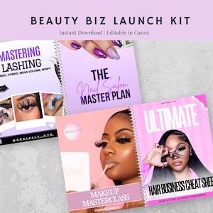 以下が含まれることがあります： 「BEAUTY BIZ LAUNCH KIT」のテキストが上部にある、美容ビジネスの立ち上げキット。画像には、「Mastering Lashing」、「The Nail Salon Master Plan」、「Makeup Masterclass」の3冊のスパイラル綴じマニュアルが写っています。「Hair Business Cheat Sheet」も表示されています。