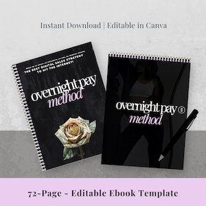 May include: Two spiral-bound ebooks with the text "overnight pay method" in white and pink. One cover features a rose made of money, the other a silhouette. A black pen rests on the surface. The text "Instant Download | Editable in Canva" is at the top.