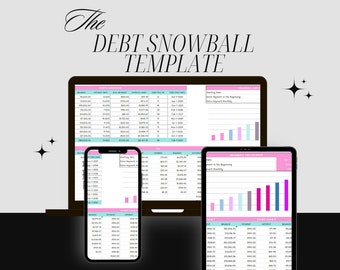Puede incluir: Una plantilla digital de bola de nieve de deuda que se muestra en una computadora portátil, una tableta y un teléfono inteligente. La plantilla incluye una descripción general de la deuda, una calculadora de bola de nieve y un gráfico que muestra el progreso del pago de la deuda. La plantilla está diseñada para ayudar a los usuarios a realizar un seguimiento de su deuda y crear un plan para pagarla.