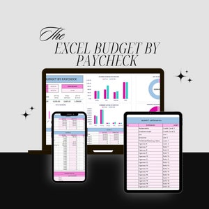 May include: A digital financial planning template displayed on a laptop, smartphone, and tablet. The screens show budget spreadsheets with charts and tables. The text "The Excel Budget by Paycheck" is at the top.
