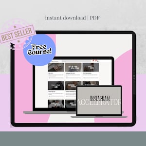 May include: A digital marketing graphic featuring a tablet and laptop displaying a website interface. The tablet has a pink and white background with the text "instant download | PDF" at the top. A "Best Seller" badge and a "Free Course!" badge are also visible.
