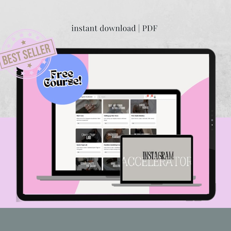 May include: A digital marketing graphic featuring a tablet and laptop displaying a website interface. The tablet has a pink and white background with the text "instant download | PDF" at the top. A "Best Seller" badge and a "Free Course!" badge are also visible.