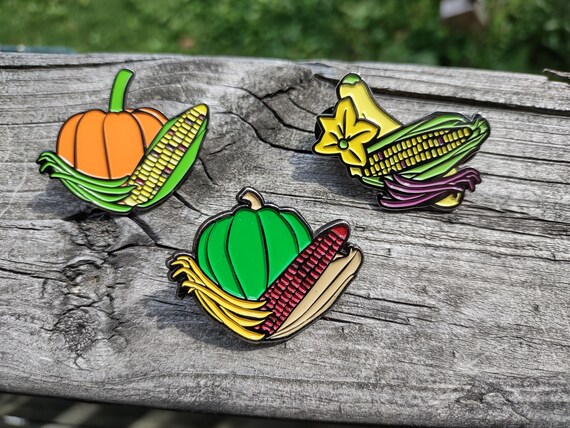 3 Sisters Enamel Pin Trio Set: Corn, Beans & Squash - Native American Gardening (1.5 inch)