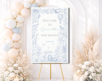 Blue Toile de Jouy Safari Baby Shower Welcome Sign (Digital Download)