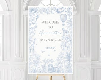 Blue Toile de Jouy Safari Baby Shower Welcome Sign (Editable Canva Template)