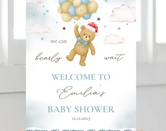 Teddy Bear Balloon Welcome Sign • Winter Baby Shower Theme • Blue Party Printable