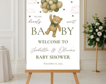 Teddy Bear Balloon Welcome Sign • Neutral Green Baby Shower Printable • Party Event Decor