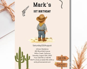 Editable Rodeo 1st Birthday Invitation Boy: Western Party (Canva Template)