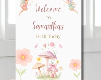 Editable Fairy 1st Birthday Welcome Sign: Pastel Floral Canva Template (Digital)