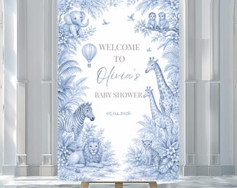Letrero de bienvenida estilo safari con estampado Toile de Jouy azul, decoración de lujo para baby shower inspirada en Dior, póster impreso personalizado en cartón pluma.