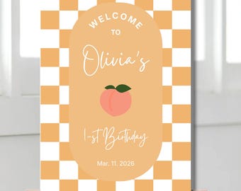 Peach First Birthday Welcome Sign Party Board Editable Template Birthday Poster Gingham Decor Printable
