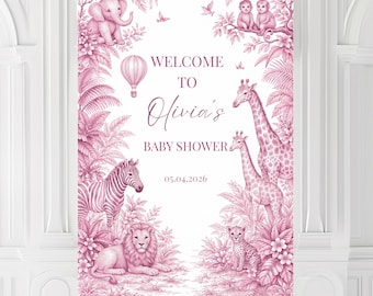 Letrero de bienvenida para baby shower con temática de safari rosa para niña, con animales de la selva, nombre personalizado, decoración para fiestas, póster impreso en cartón pluma, tablero de evento personalizado.
