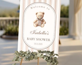 Baby Shower Welcome Sign • Teddy Bear Neutral Beige Printable • Editable Watercolor Poster Template