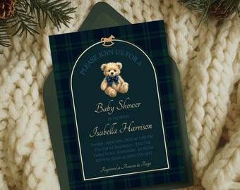Teddy Bear Invitation Card • Dark Green Tartan Digital Template • Baby Shower Event Printable