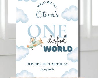 Airplane First Birthday Welcome Sign, One-derful World Party Decor (Editable Template)