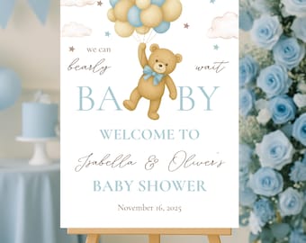 Teddy Bear Balloon Welcome Sign • Blue Neutral Printable Template • Baby Shower Party Decor