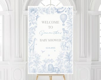 Blue Toile Safari Baby Shower Welcome Sign, Jungle Animals Entrance Board