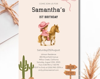 Cowgirl 1st Birthday Invitation: Pink Rodeo Party (Editable Canva Template)