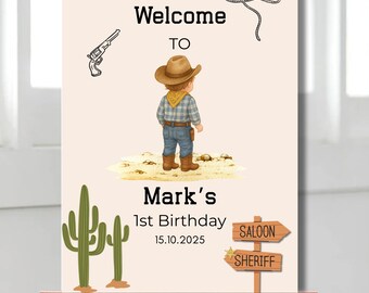 Editable Cowboy 1st Birthday Welcome Sign: Western Party Decor (Canva Template)