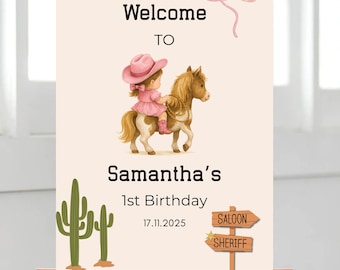 Editable Cowgirl 1st Birthday Welcome Sign: Pink Rodeo Party Decor (Canva Template)
