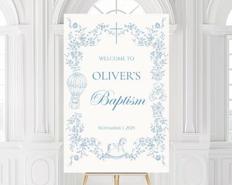 Baptism Welcome Sign • Blue Toile Floral Digital Template • Christening Event Decor