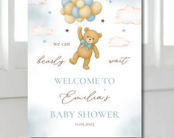 Blue Teddy Bear Baby Shower Welcome Sign (Printable Canva Template)