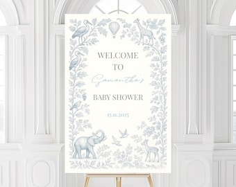 Toile Welcome Sign • Blue Safari Digital Template • Baby Shower Event Decor