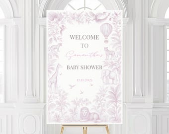 Pink Toile de Jouy Safari Kids Party Welcome Sign (Editable Canva Template)