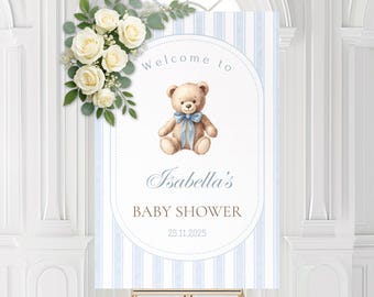 Blue Teddy Bear Baby Shower Welcome Sign • Boy Party Entrance Decor • Editable Printable Template