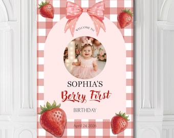 Letrero de bienvenida para el primer cumpleaños de Berry, póster de fiesta de fresas con foto, cartón pluma impreso a medida, decoración para la celebración de una niña