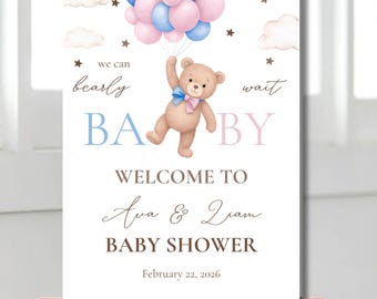 Teddy Bear Baby Shower Welcome Sign | Gender Neutral Pink Blue Party Poster (Digital Download)