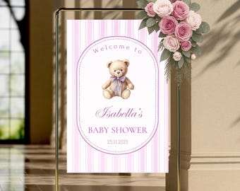 Baby Shower Welcome Sign • Pink Teddy Bear Printable • Editable Girl Watercolor Poster Template