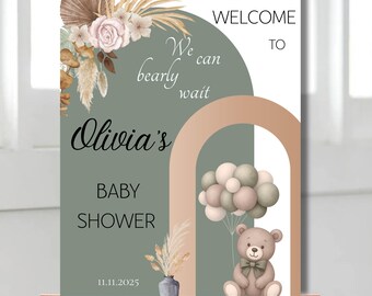 Editable Teddy Bear Baby Shower Welcome Sign: Boho Neutral Theme (Digital Download)