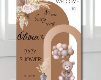 Letrero de bienvenida para baby shower con diseño bohemio de oso: Decoración neutra de osito (descarga digital)