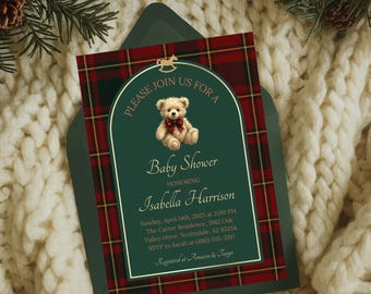 Teddy Bear Invitation Card • Red Tartan Template Design • Baby Shower Event Decor