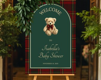 Teddy Bear Welcome Sign • Red Tartan Green Template • Baby Shower Event Decor