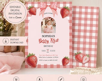 Invitación para la primera fiesta de cumpleaños de niña con temática de bayas y lazo rosa fresa. Plantilla editable de Canva para bebé. Descarga instantánea e imprimible.