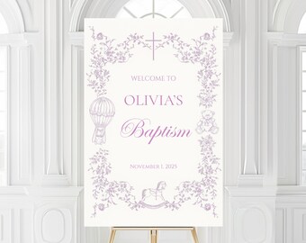 Editable Toile de Jouy Style Baptism Pink Welcome Sign – Elegant Printable Poster