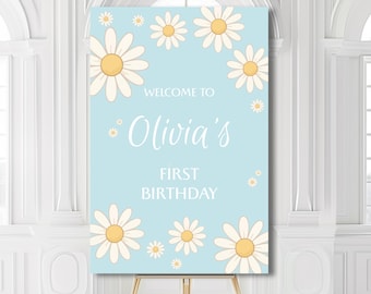 Daisy First Birthday Welcome Sign, Personalized Baby Girl Party Decor, Floral Birthday Print Matte Paper