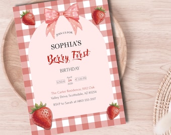 Invitación para el primer cumpleaños de Bery, invitación para fiesta temática de fresas, plantilla editable para cumpleaños de niña, diseño imprimible de Canva con lazo de cuadros rosas