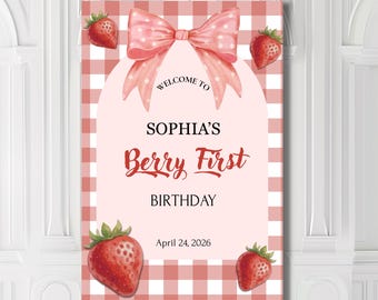 Letrero de bienvenida para el primer cumpleaños de Berry, póster con temática de fresas, impresión personalizada en cartón pluma, decoración para fiesta de bebé niña