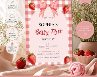 Invitación para el primer cumpleaños de Bery, invitación para fiesta temática de fresas, plantilla editable para cumpleaños de niña, diseño imprimible de Canva con lazo de cuadros rosas
