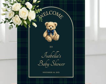 Plaid Teddy Bear Baby Shower Welcome Sign • Editable Canva Template • Digital Download Decor