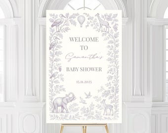 Pink Toile de Jouy Safari Kids Party Welcome Sign (Editable Canva Template)