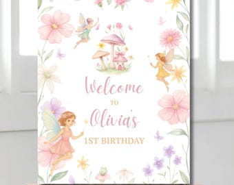 Fairy Garden 1st Birthday Welcome Sign: Watercolor Floral (Canva Template)