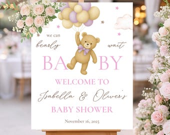 Teddy Bear Balloon Welcome Sign • Neutral Pink Printable Template • Baby Shower Decor
