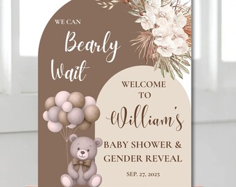 Letrero de bienvenida para baby shower con osito de peluche: Revelación de género bohemia (plantilla editable de Canva)